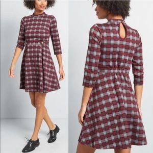 MODCLOTH Proudest Moments Burgundy Red Plaid A Line Dress